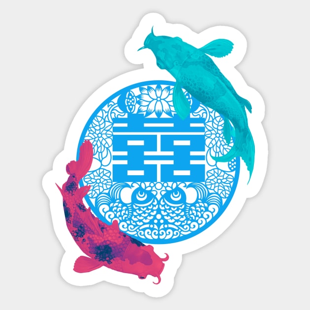 Double Happiness Koi Fish - Yoga Calm Vibe Turquoise and Pink Sticker by CRAFTY BITCH